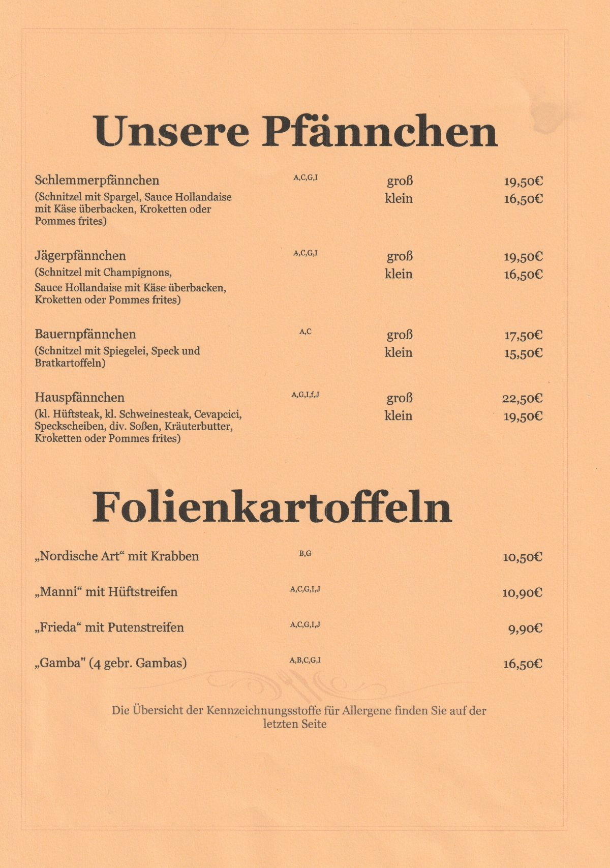 Restaurant bei Manni Bedburg - Speisekarte deutsche Küche Seite 4 - Traditionelle Gerichte Rhein-Erft-Kreis